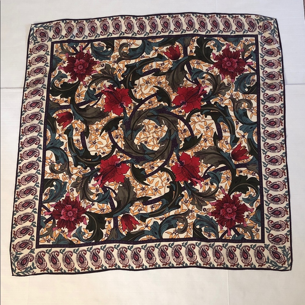 Square Silk Scarf Vibrant Floral and Paisley in Teal Green Burgundy Red Purple